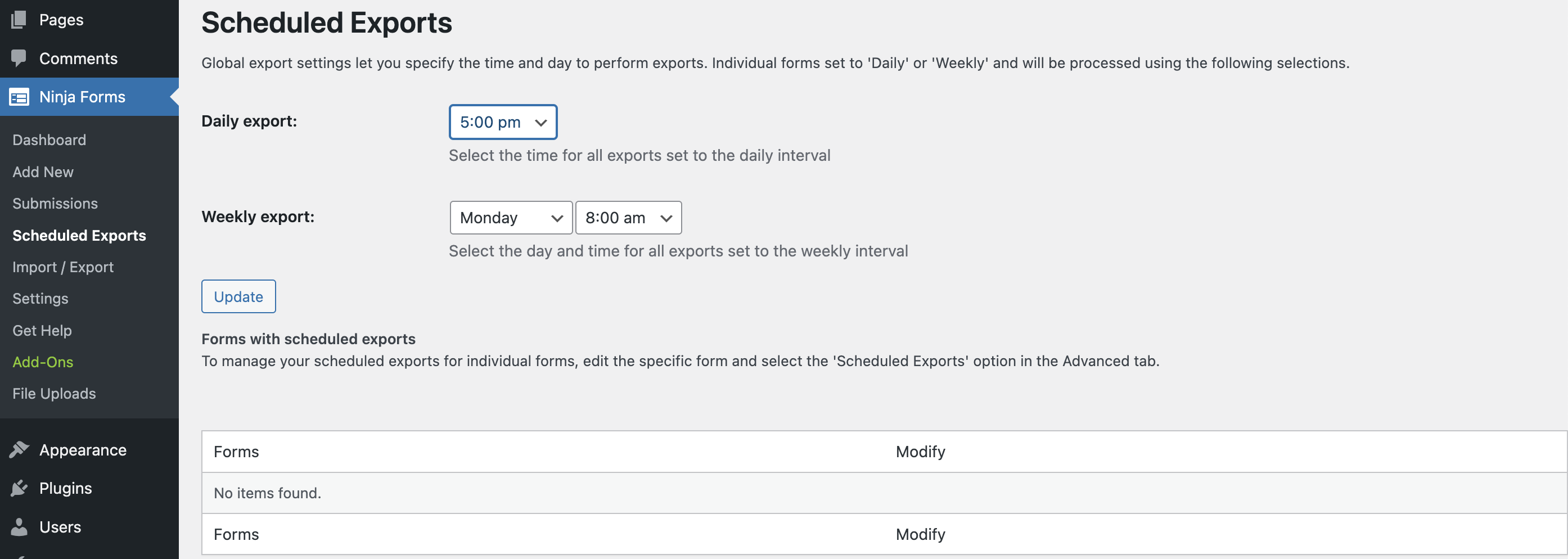 scheduled export settings