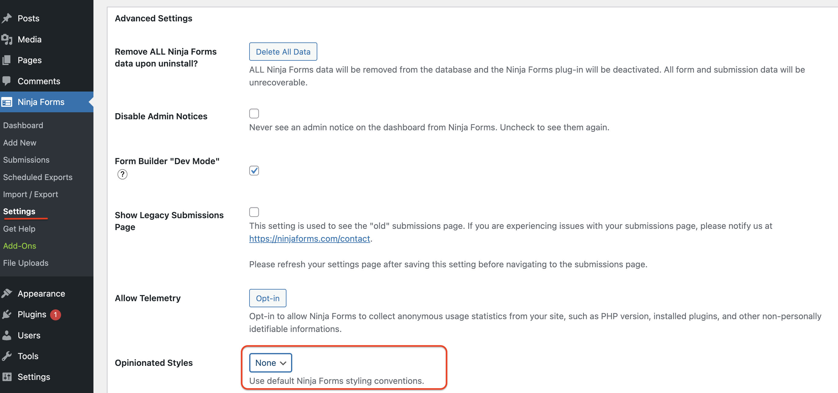 opinionated styles ninja forms