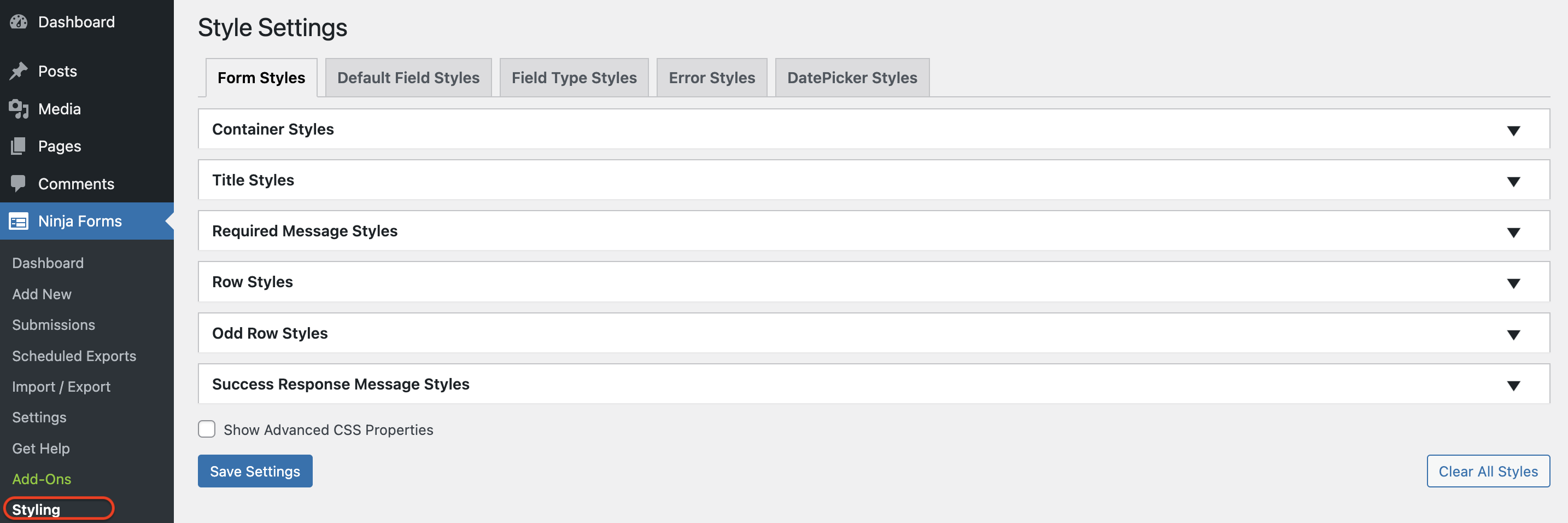 styling settings ninja forms dashboard