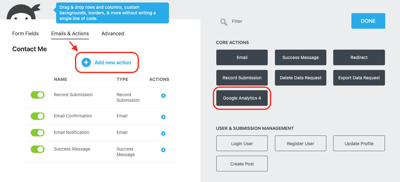 image of the emails and actions tab with Add New Action and Google Analytics 4 highlighted.