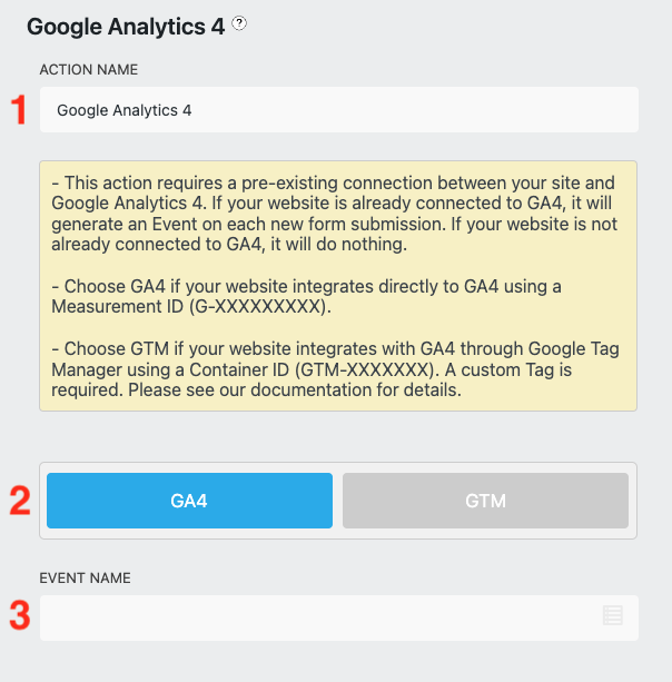 image of the google analytics 4 form action settings window with three settings highlighted: 1 - action name 2 - ga4, gtm toggle 3 - event name