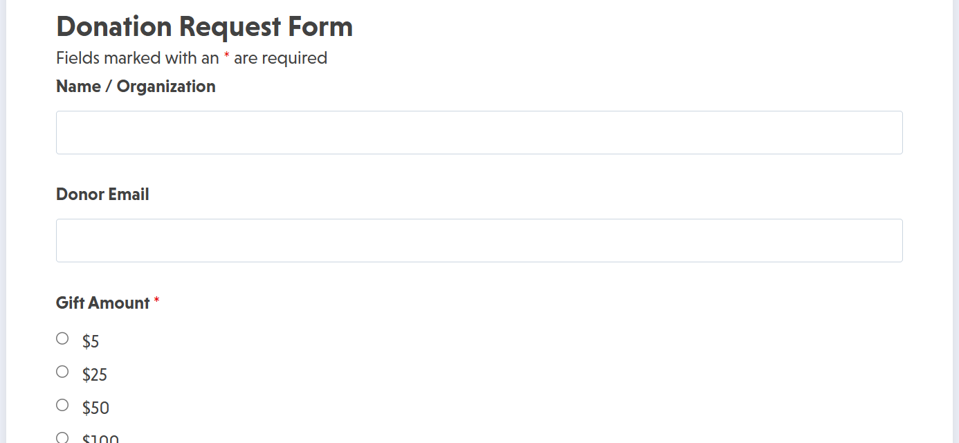 Donation request form template showing organization details and funding need description fields