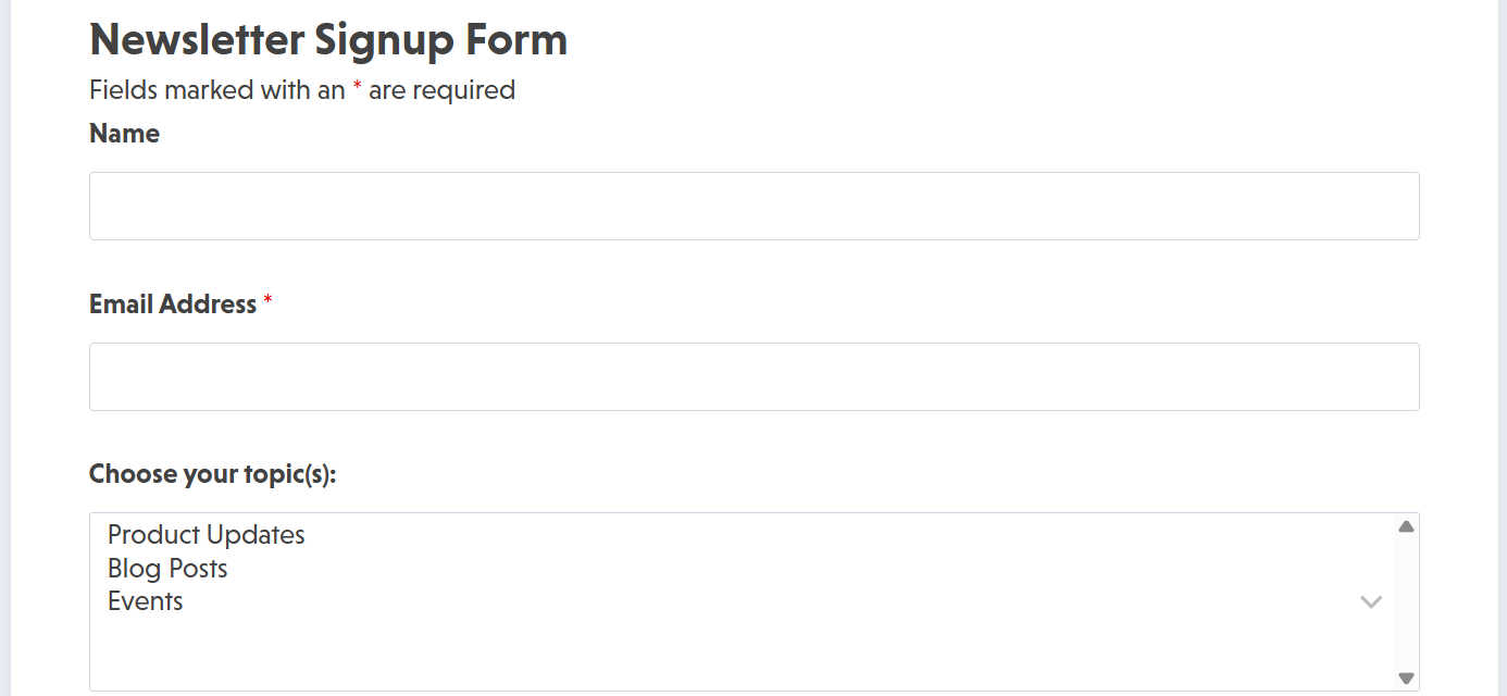 Newsletter signup form template with email subscription and preference selection fields