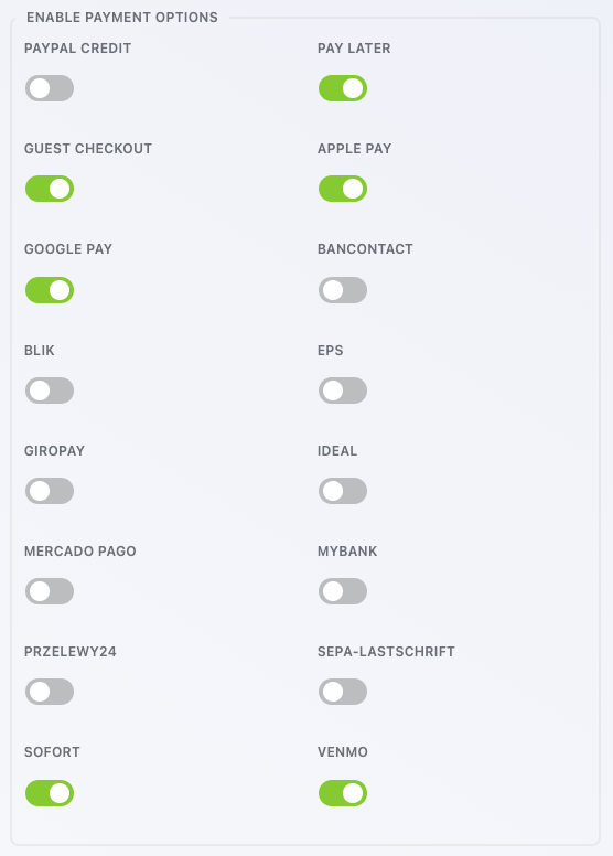 image of the paypal checkout action window settings with Apple Pay for wordpress enabled