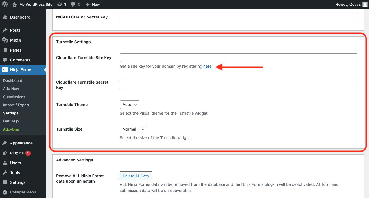 Cloudflare Turnstile site key settings in the Ninja Forms admin