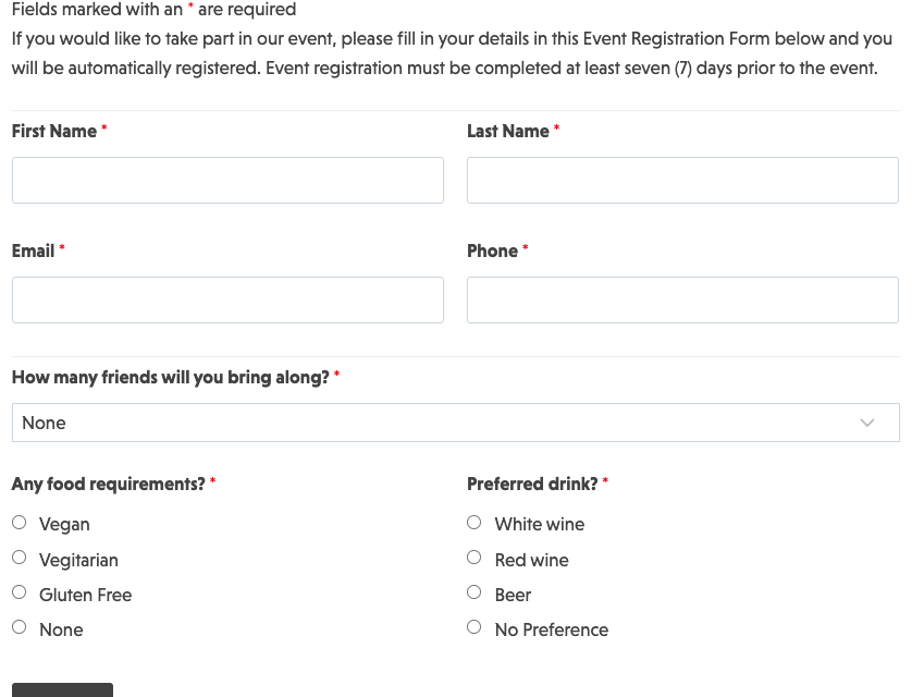 Event registration form template with attendee information and ticket selection options