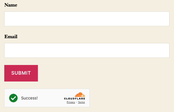turnstile widget displayed on front end form beneath submit button