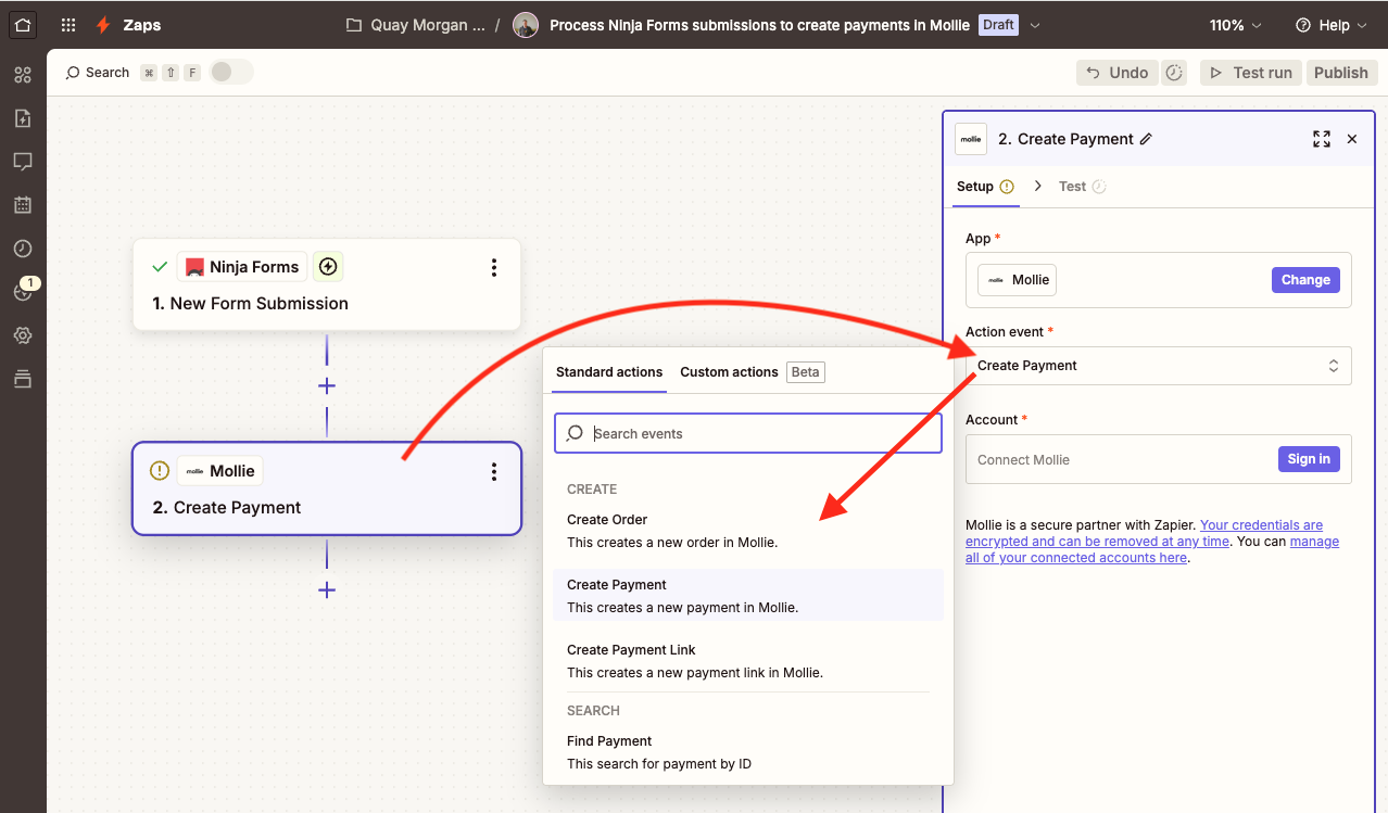 image of a zap with mollie settings open, highlighting the different order and payment options mollie offers