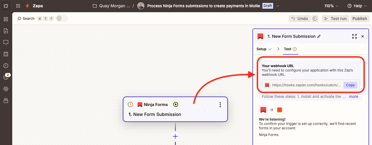 Zapier workflow editor with a Ninja Forms new submission trigger and a connected action step