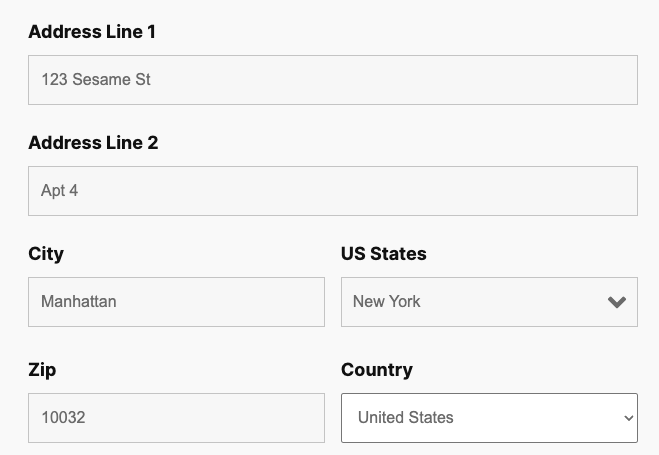 image of a ninja forms form with fields for Address Line 1, Address Line 2, City, State, Zip, and Country.