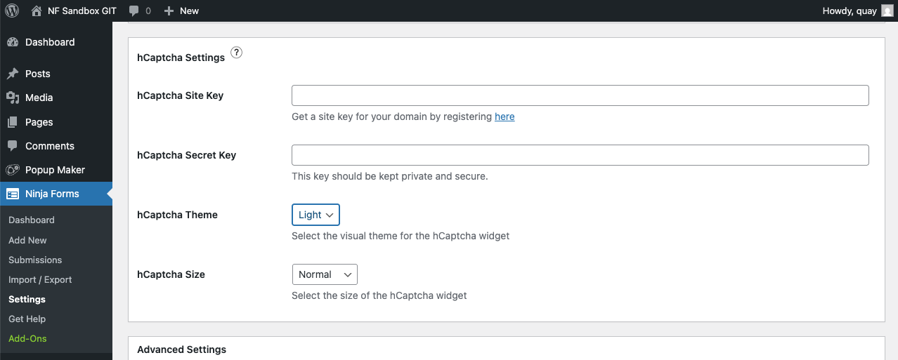 of of the ninja forms settings admin area with hcaptcha settings featured