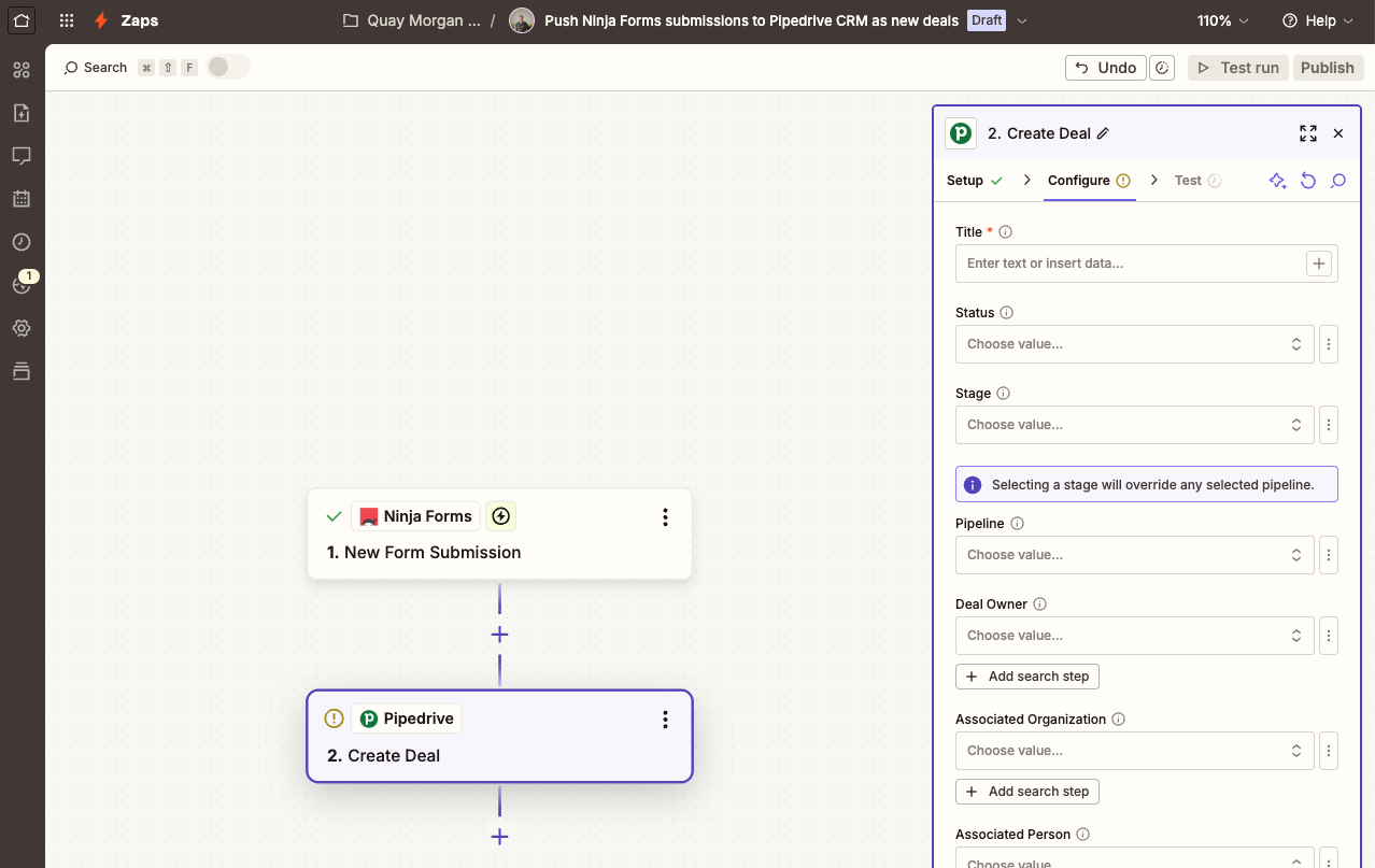 image of the zap's configuration windoww that makes it possible to map wordpress form fields to pipedrive crm fields