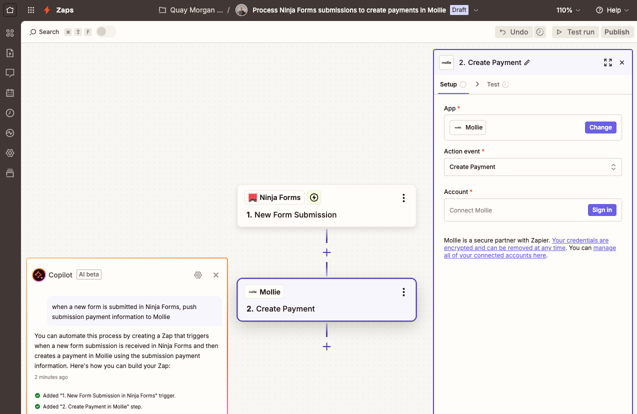 image of the zapier app's zap creation screen using AI prompt for zap creation