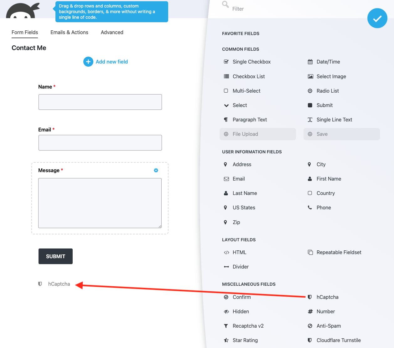 image of the ninja forms add new field window open in the form builder with hcaptcha field highlighted under the misc fields category