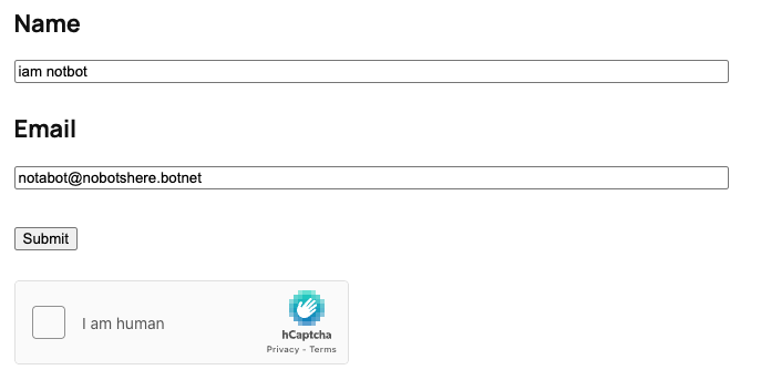 image of a form on a page with the hcaptcha widget present