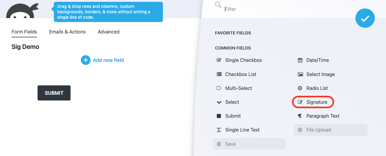 image of the signature field in the add new fields window of the ninja forms builder