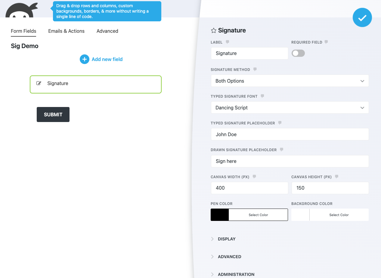 image of the signature field settings window