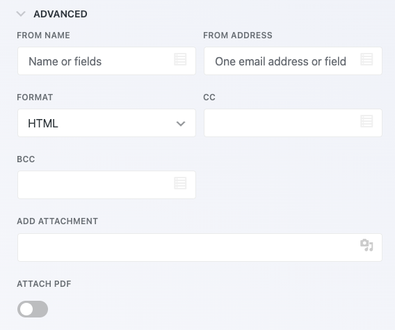 image of an email action with PDF Form Submission, featuring the Attach PDF option