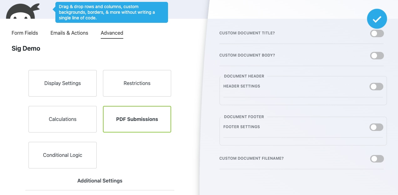 image of the pdf submissions options under advanced in the ninja forms builder