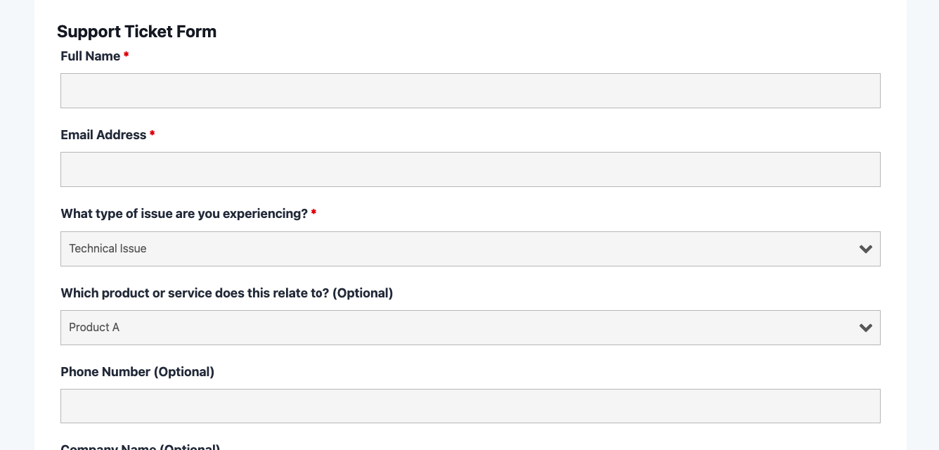 Support ticket form template showing priority level, issue type, and problem description fields for customer support
