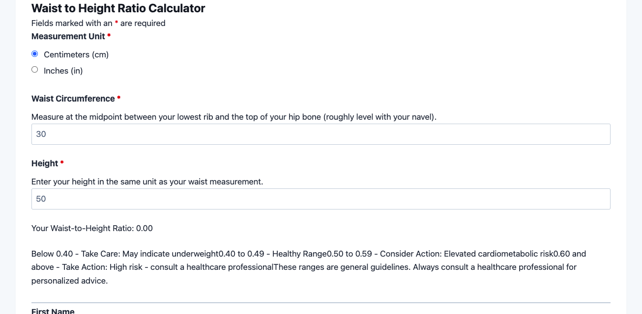 Waist to height ratio calculator template showing measurement input fields and WHtR result display