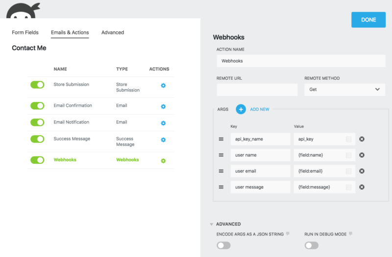 Ninja Forms Webhooks ARGS interface showing key-value field mapping pairs.
