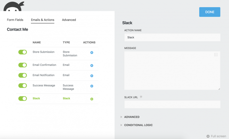 slack for wordpress action settings in the ninja forms builder
