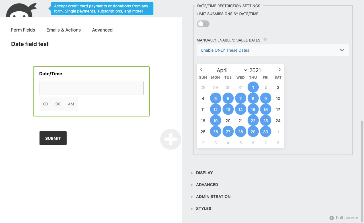 advanced datepicker field with calendar view displayed for enabling or disabling dates that can be selected by the user