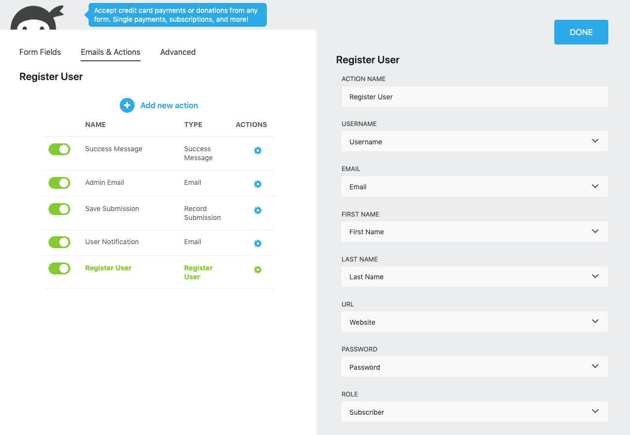 wordpress user management user registration form opened in the ninja forms builder