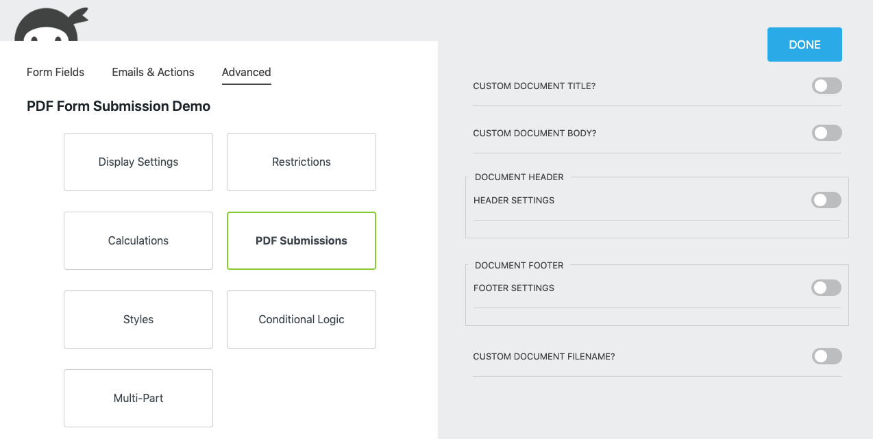 customization tools to generate a pdf using wordpress are located in the form builder under the Advanced tab