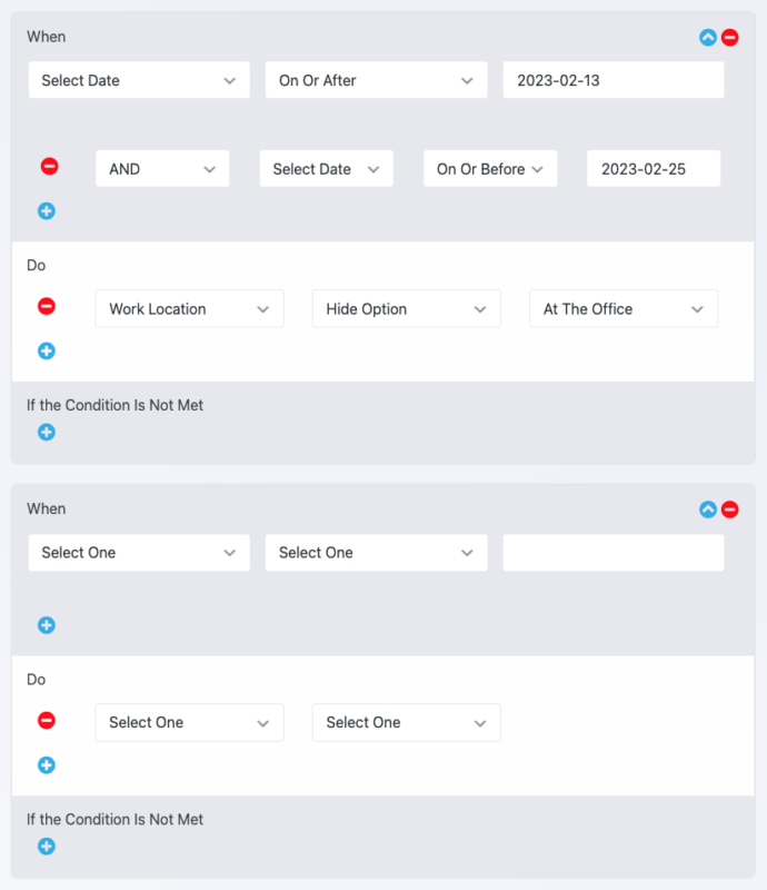WordPress admin showing the Ninja Forms conditional logic settings panel with rule configuration options