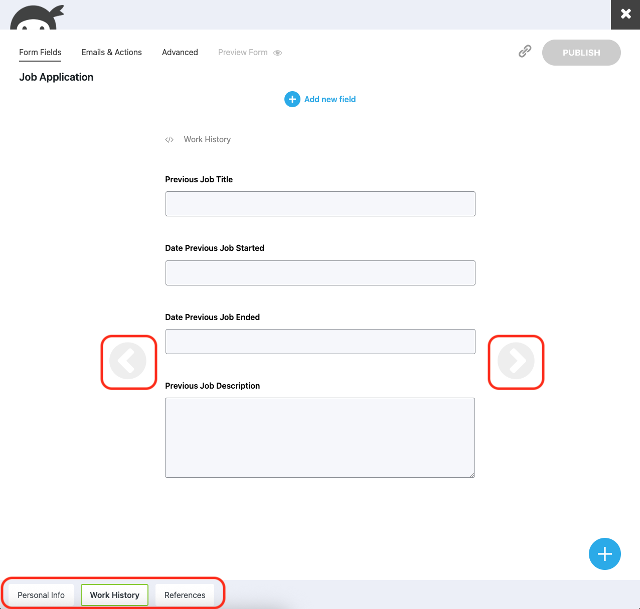 Ninja Forms builder showing a multi-step form with part tabs and fields arranged across multiple steps