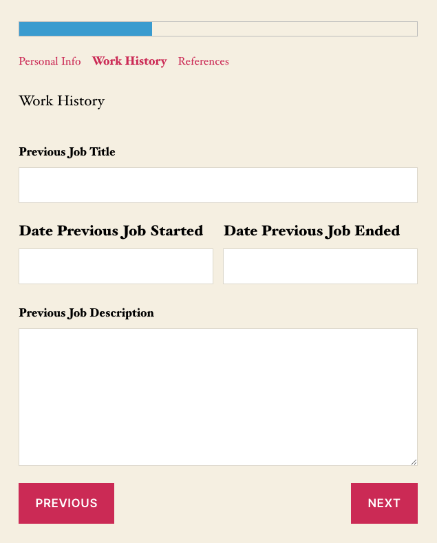 Multi step form on the front end with a progress bar and breadcrumb navigation showing named steps