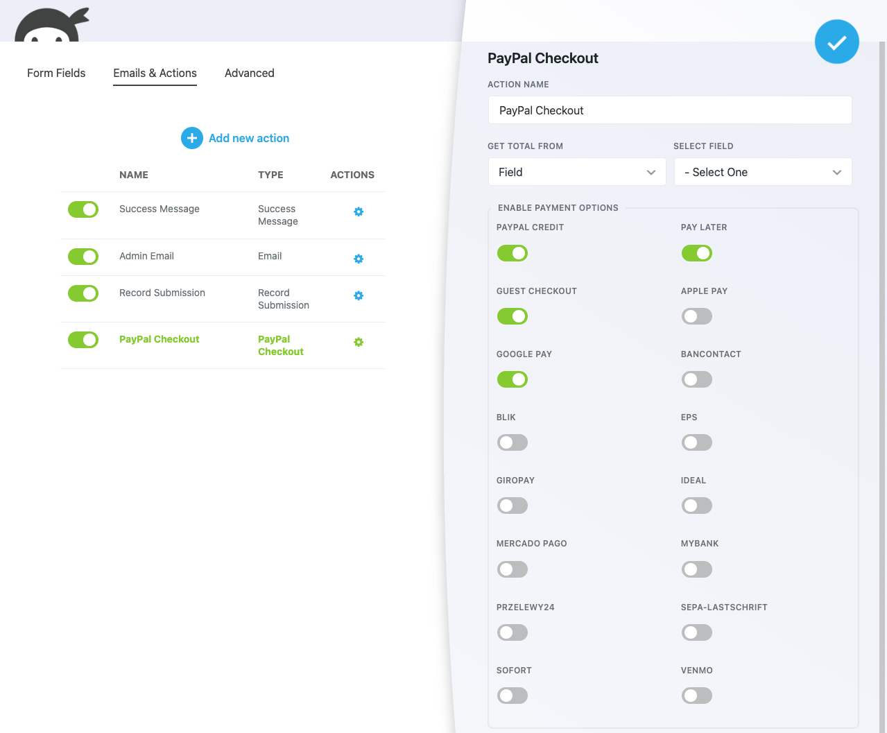 PayPal Checkout payment method selection panel showing available options per form