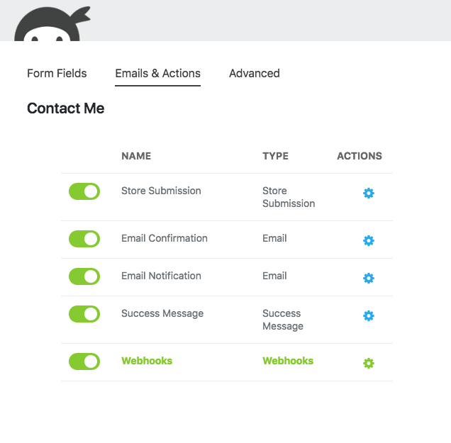 Ninja Forms Emails and Actions tab showing a Webhooks action alongside Email Notification and Save Submission actions