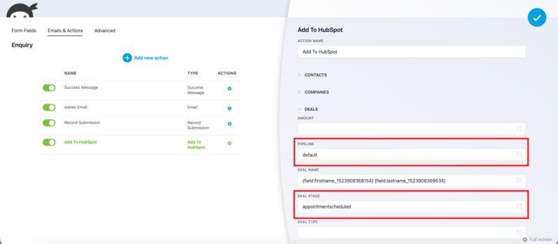 Ninja Forms HubSpot Deal configuration showing pipeline selector and deal stage dropdown