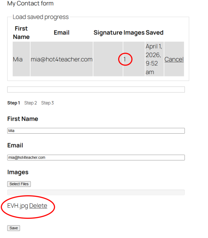 Multi-step Ninja Forms form with file upload fields showing a save loaded mid-process with file references intact