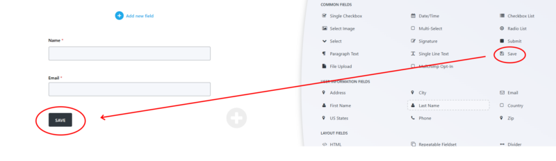 Ninja Forms form builder showing the Save field