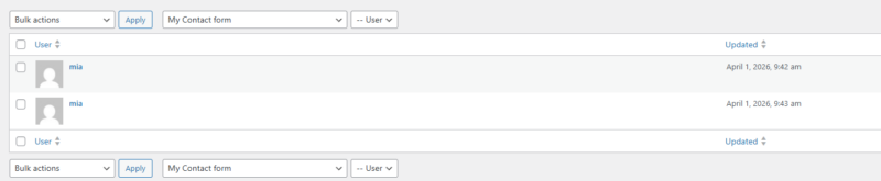 WordPress form displaying the Load Saved Progress table with timestamped saves for a logged-in user