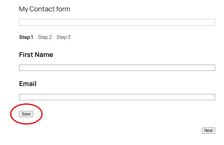 Multi-step Ninja Forms form in progress showing the Save button