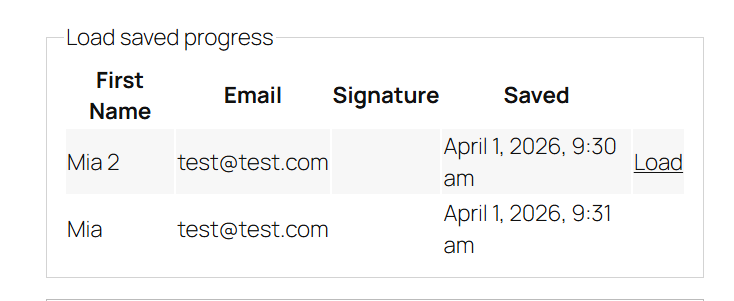 Load Saved Progress table on the front end showing multiple timestamped save entries with load option