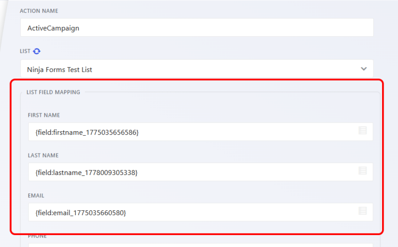 Field mapping interface with Ninja Forms fields mapped to ActiveCampaign contact fields and custom fields