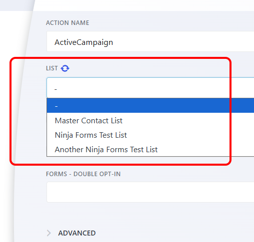 Ninja Forms action settings showing ActiveCampaign list selection dropdown