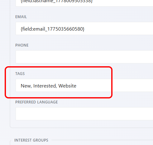Tag assignment field in Ninja Forms ActiveCampaign action settings showing comma-separated tags