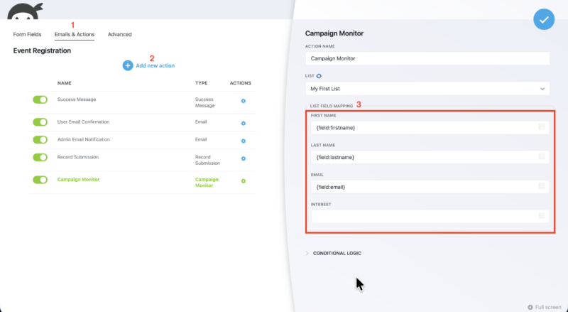 Ninja Forms field mapping screen showing form fields mapped to Campaign Monitor subscriber fields including name and custom fields