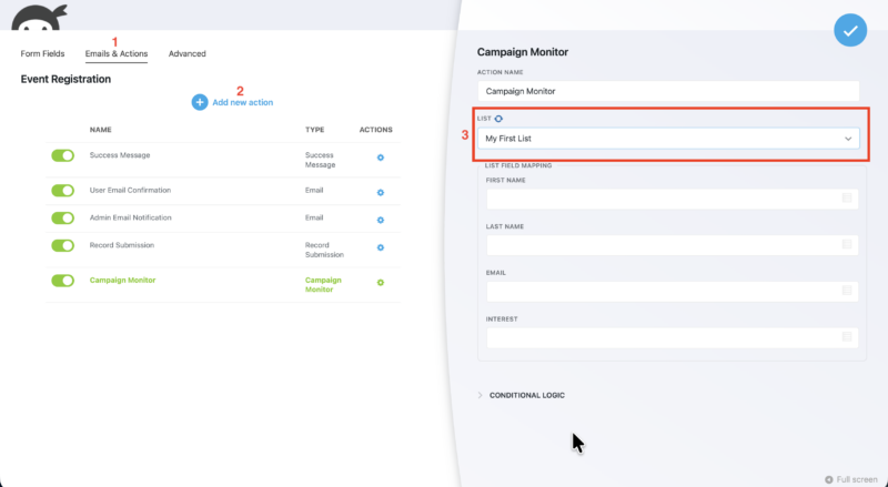 Campaign Monitor action settings in Ninja Forms showing subscriber list dropdown and refresh button