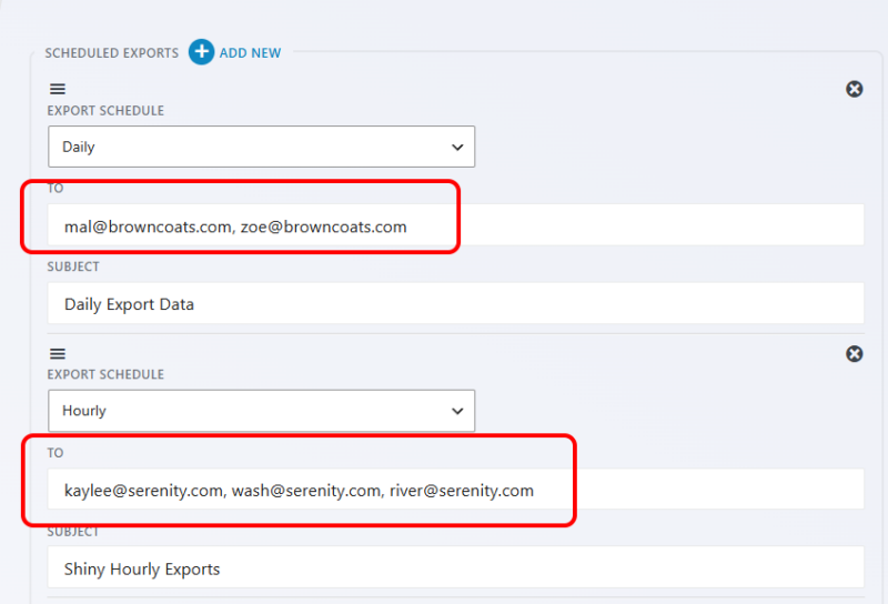 Ninja Forms scheduled export settings showing comma-separated email addresses in the To field for multiple recipients