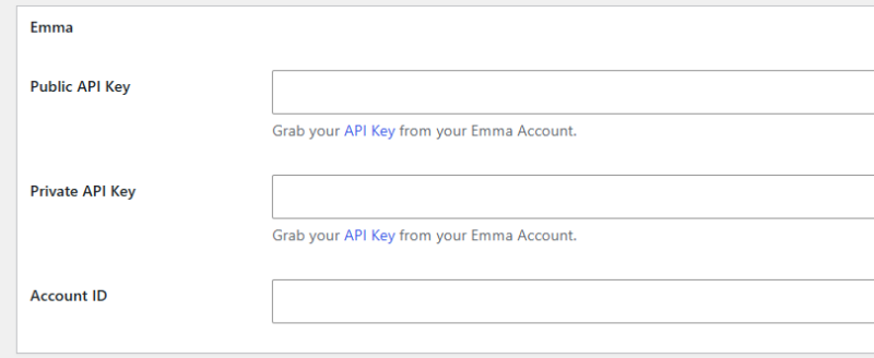 Ninja Forms global settings showing Emma API credentials fields for Account ID, Public API Key, and Private API Key