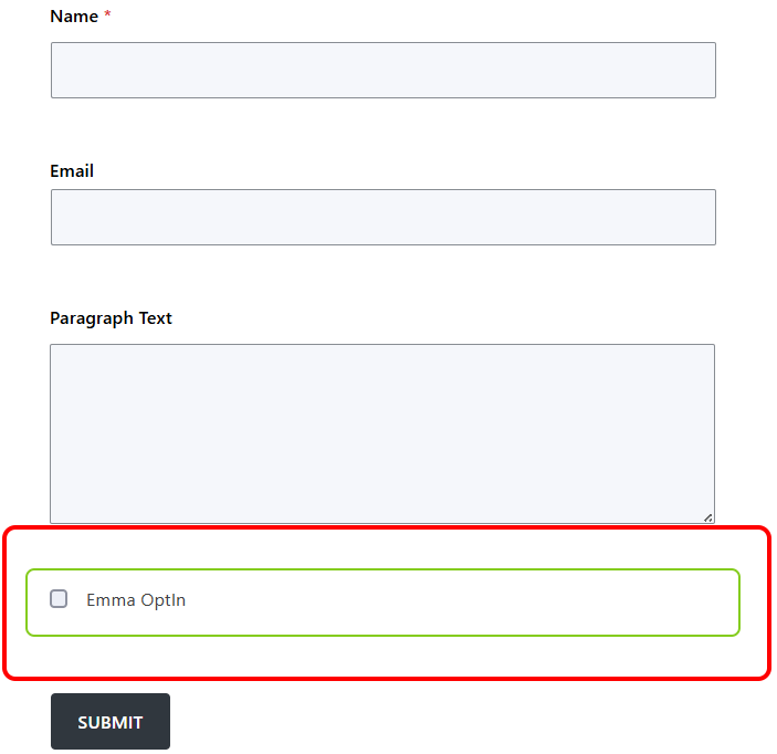 Ninja Forms form builder showing the Emma Opt-In checkbox field added to a signup form